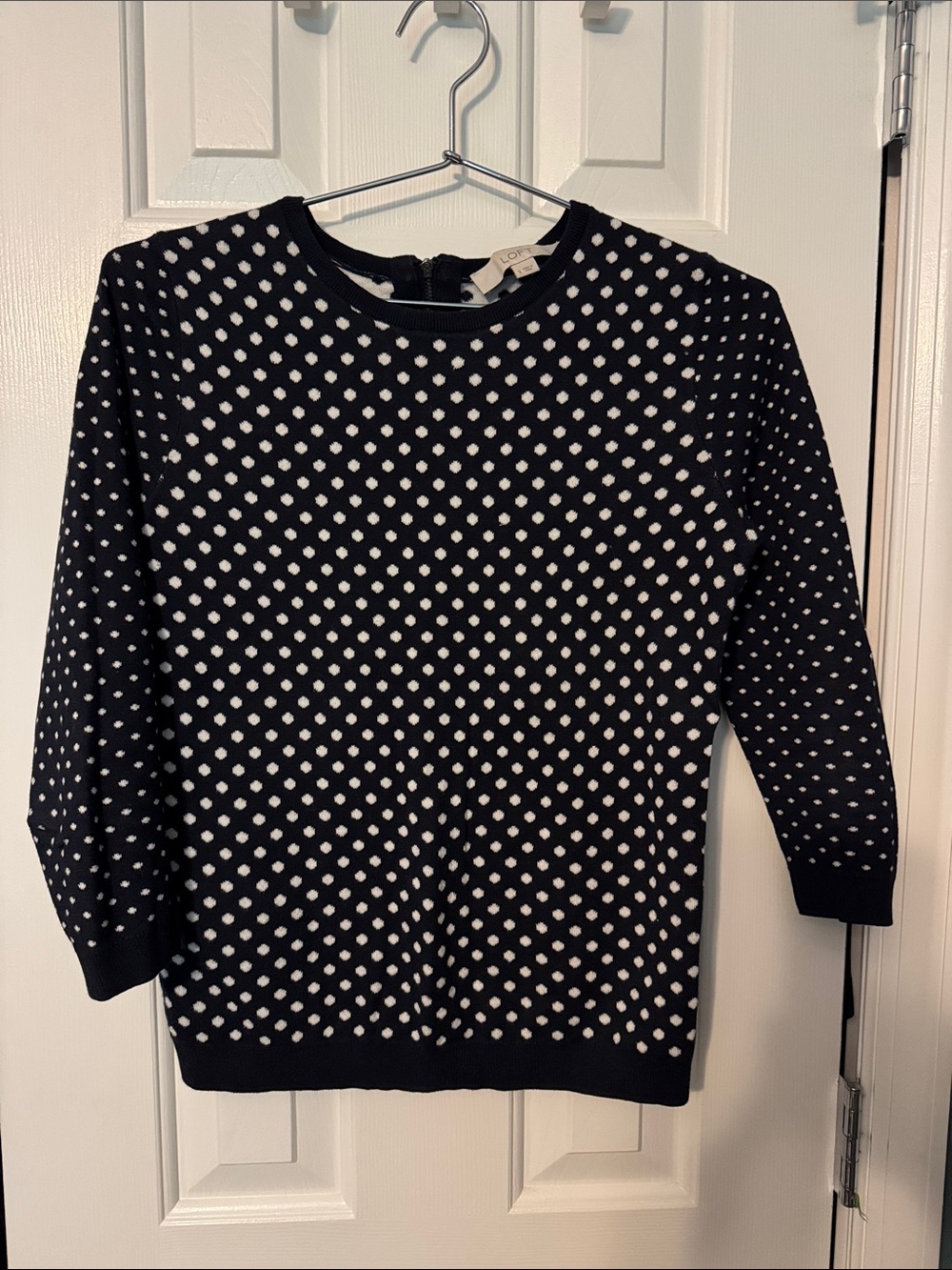 LOFT 💯 cotton Navy Sweater with White Polkadot Pattern